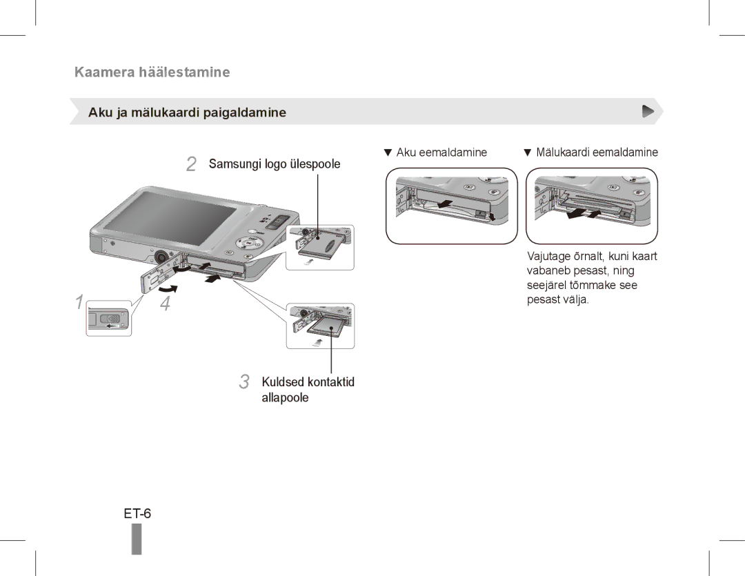 Samsung EC-ST45ZZBPRSA manual ET-6, Aku ja mälukaardi paigaldamine, Samsungi logo ülespoole, Kuldsed kontaktid allapoole 