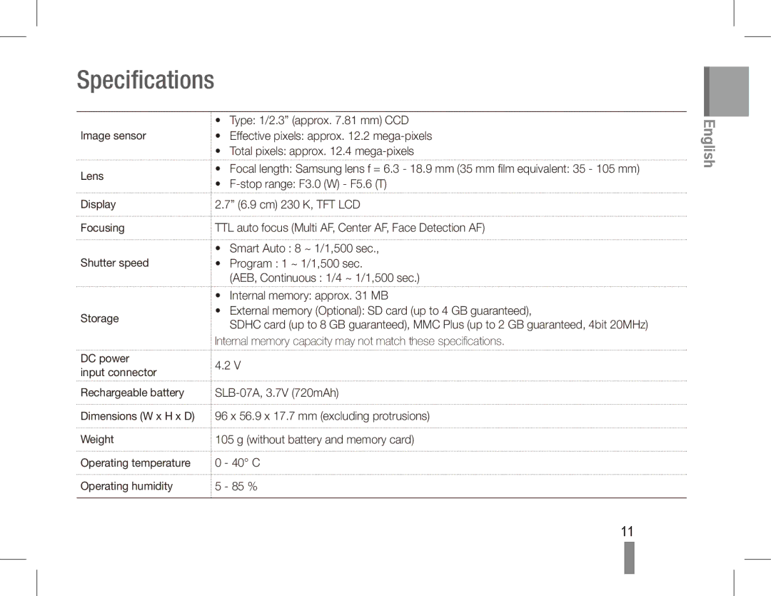 Samsung EC-ST45ZZBPUSA, EC-ST45ZZBPUE1, EC-ST45ZZBPRE1, EC-ST45ZZBPBE1, EC-ST45ZZBPAE1, EC-ST45ZZBPRIT manual Specifications 