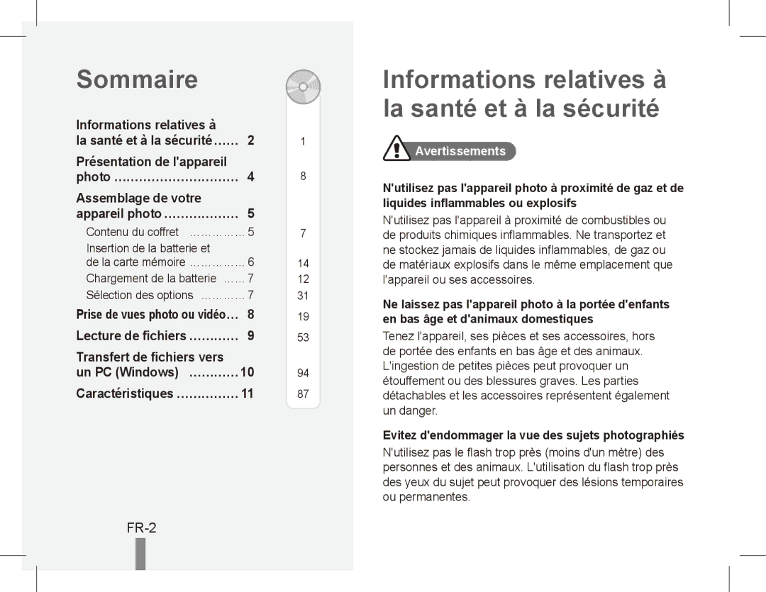 Samsung EC-ST45ZZDPBME, EC-ST45ZZBPUE1 Sommaire, Informations relatives à la santé et à la sécurité, FR-2, Avertissements 