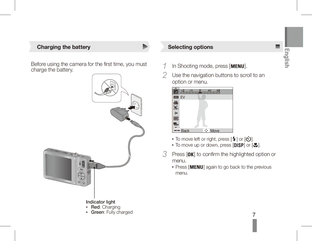 Samsung EC-ST45ZZBPBIT, EC-ST45ZZBPUE1, EC-ST45ZZBPRE1, EC-ST45ZZBPBE1, EC-ST45ZZAAA Charging the battery, Selecting options 