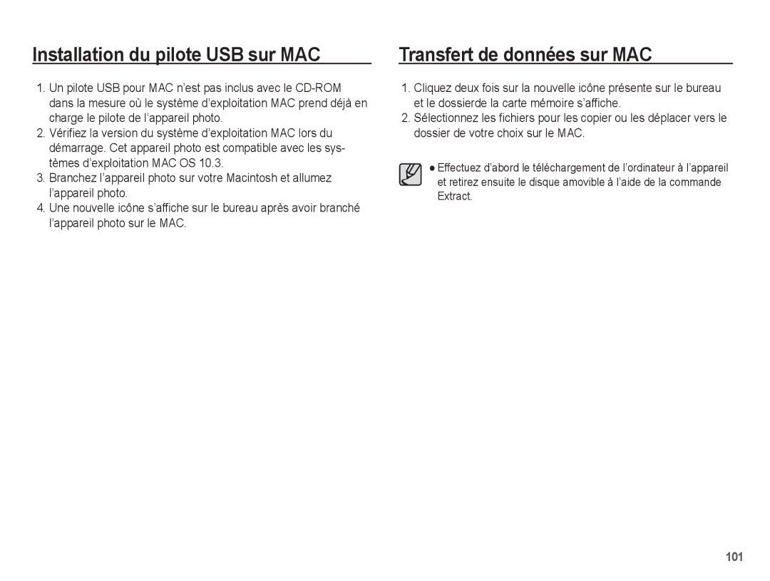 Samsung EC-ST45ZZBPBE1, EC-ST45ZZBPUE1, EC-ST45ZZBPRE1 Installation du pilote USB sur MAC, Transfert de données sur MAC 