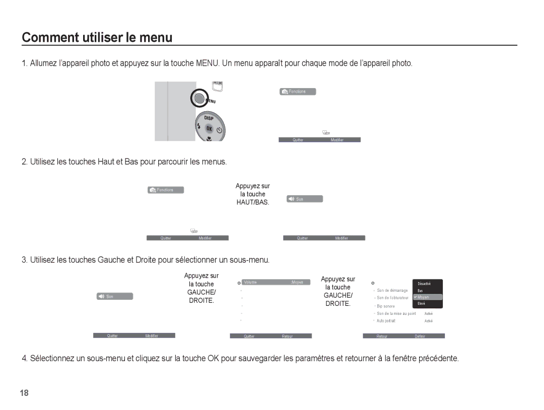 Samsung EC-ST45ZZBPAE1, EC-ST45ZZBPUE1 Comment utiliser le menu, Utilisez les touches Haut et Bas pour parcourir les menus 