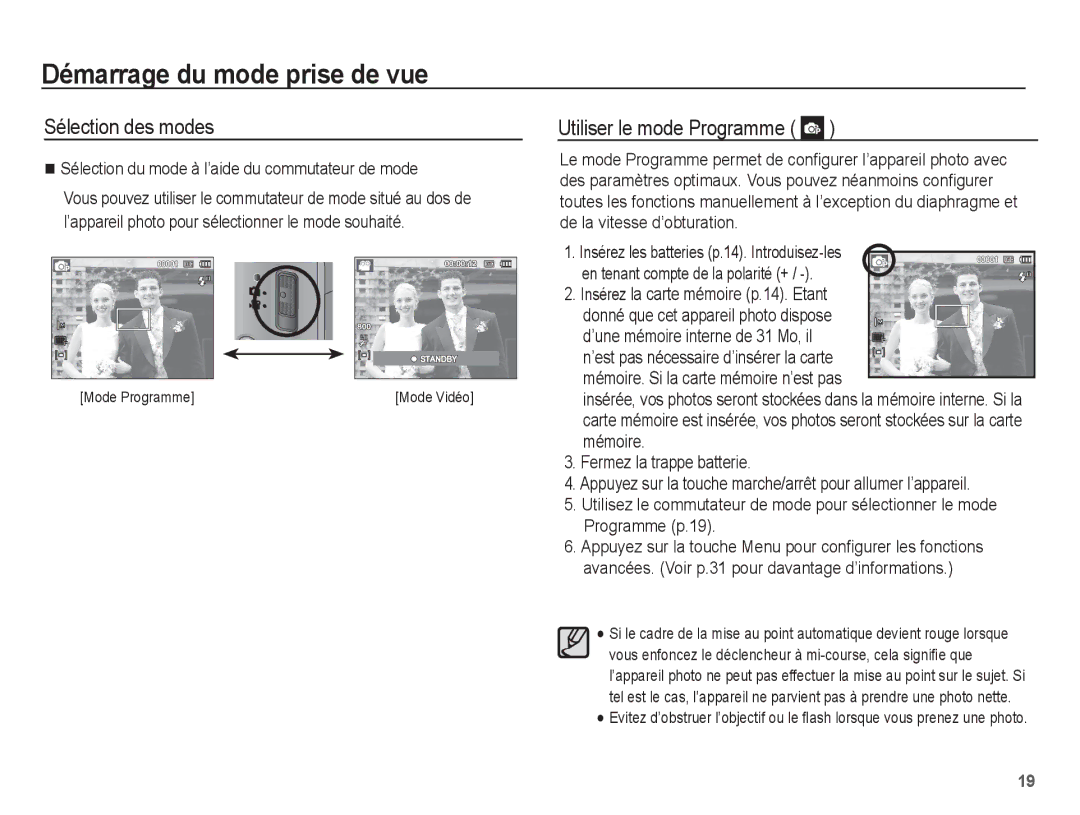 Samsung EC-ST45ZZBPUE1 Démarrage du mode prise de vue, Sélection des modes, Utiliser le mode Programme, Mode Programme 