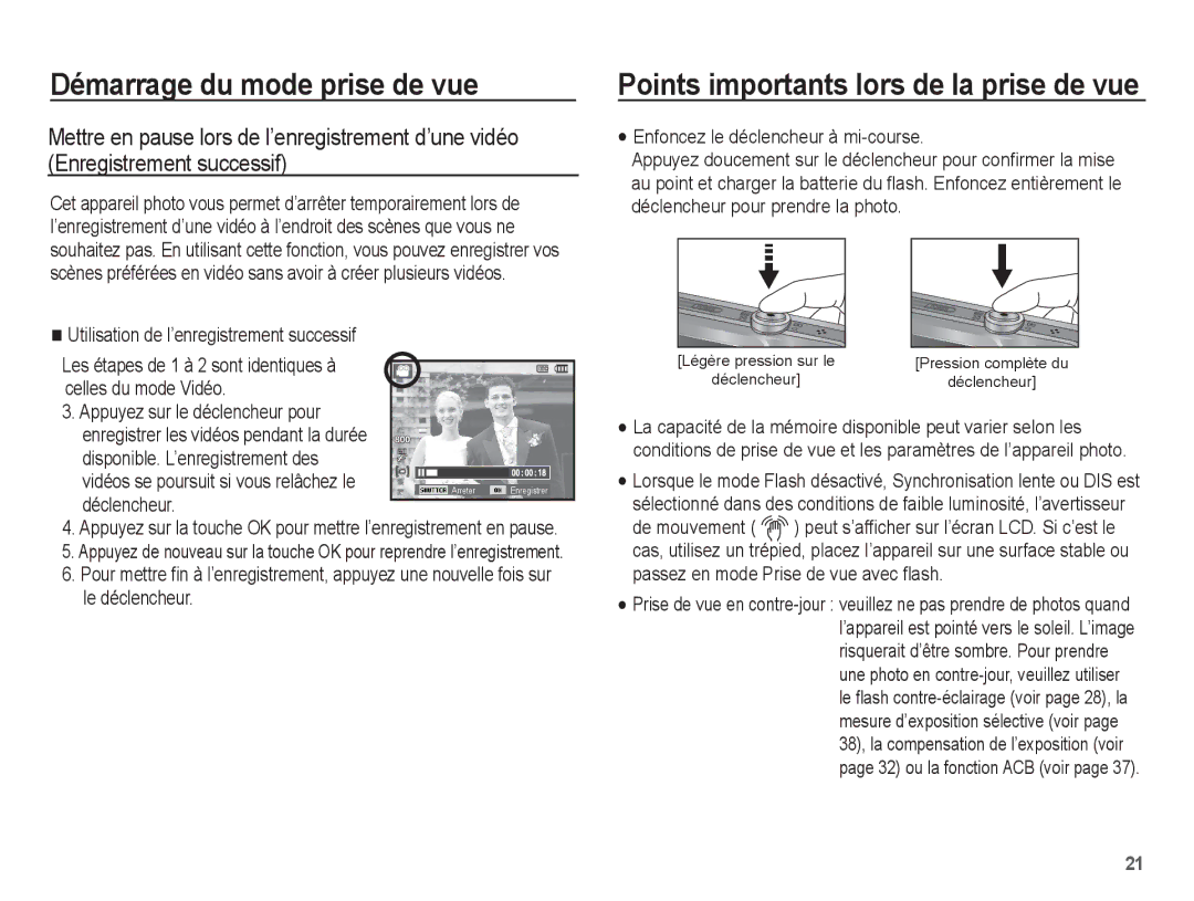 Samsung EC-ST45ZZBPBE1, EC-ST45ZZBPUE1 manual Enfoncez le déclencheur à mi-course, Utilisation de l’enregistrement successif 