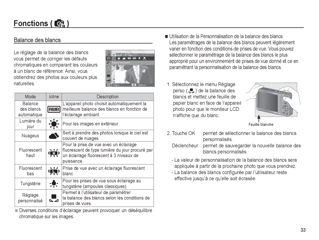 Samsung EC-ST45ZZBPBE1, EC-ST45ZZBPUE1 Balance des blancs, Utilisation de la Personnalisation de la balance des blancs 