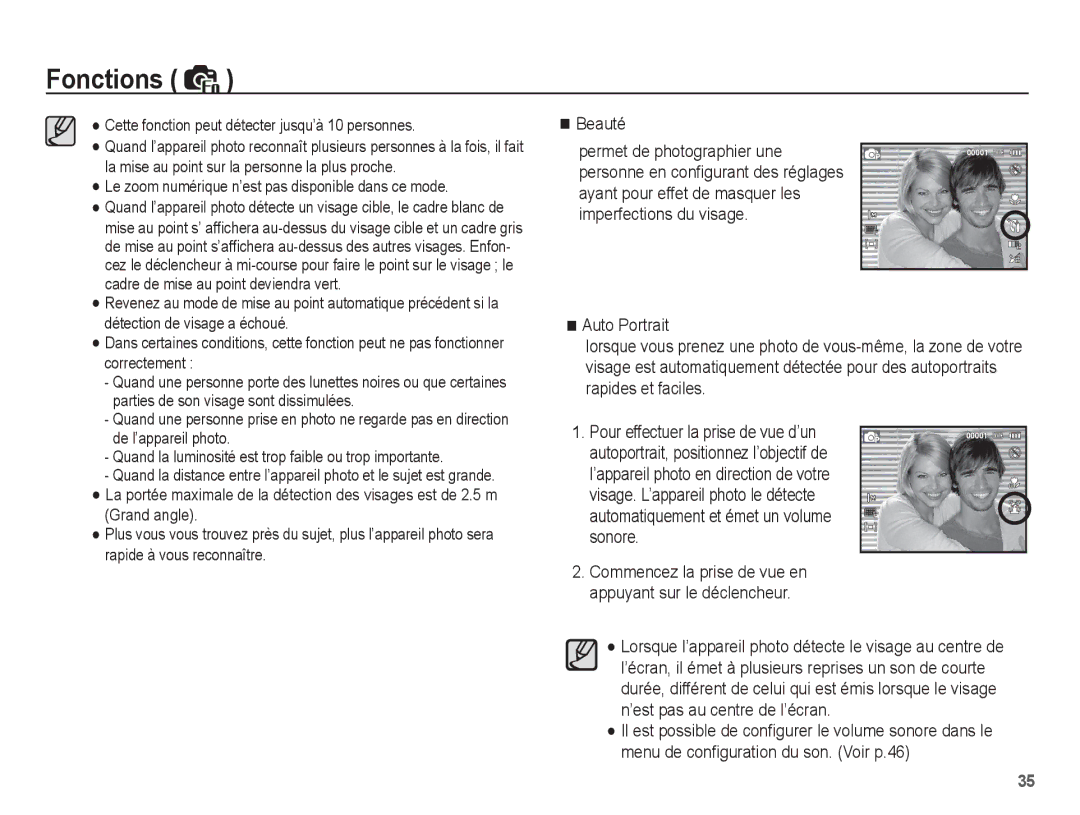 Samsung EC-ST45ZZBPUE1, EC-ST45ZZBPRE1, EC-ST45ZZBPBE1 manual Beauté, Cette fonction peut détecter jusqu’à 10 personnes 