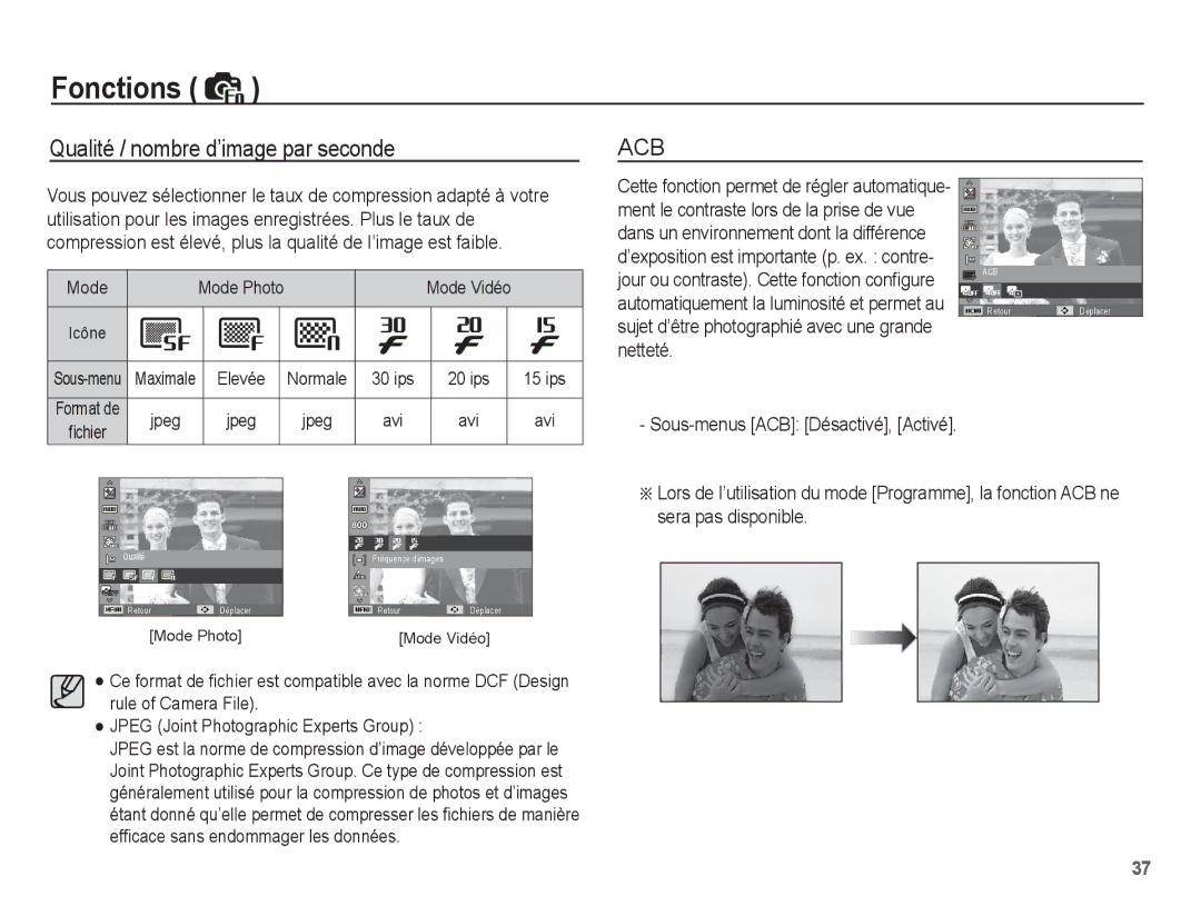 Samsung EC-ST45ZZBPBE1, EC-ST45ZZBPUE1 manual Qualité / nombre d’image par seconde, Maximale Elevée Normale 30 ips, Jpeg Avi 