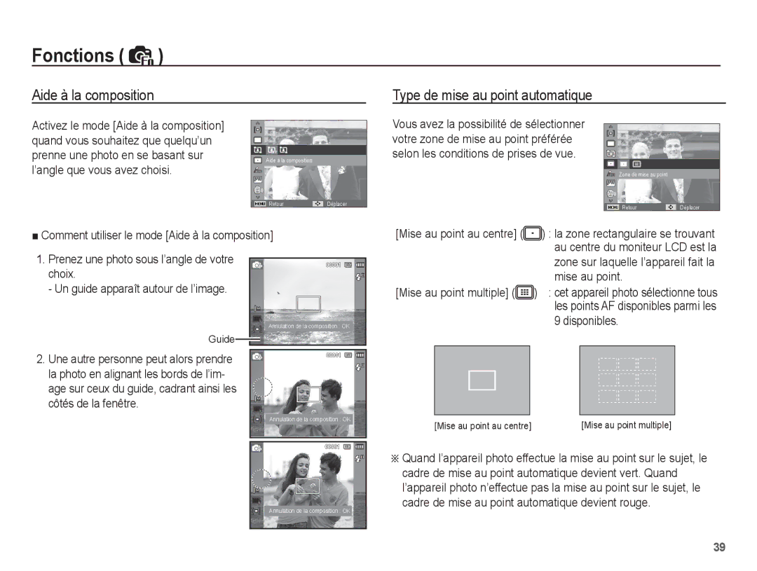 Samsung EC-ST45ZZBPUE1, EC-ST45ZZBPRE1, EC-ST45ZZBPBE1 Aide à la composition Type de mise au point automatique, Disponibles 