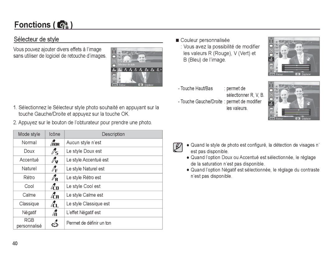 Samsung EC-ST45ZZBPRE1, EC-ST45ZZBPUE1 Sélecteur de style, Permet de, Touche Gauche/Droite permet de modiﬁer Les valeurs 