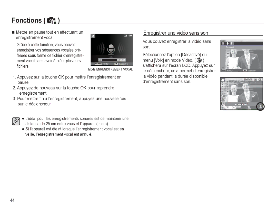 Samsung EC-ST45ZZBPRE1, EC-ST45ZZBPUE1, EC-ST45ZZBPBE1, EC-ST45ZZBPAE1 manual Vous pouvez enregistrer la vidéo sans son 