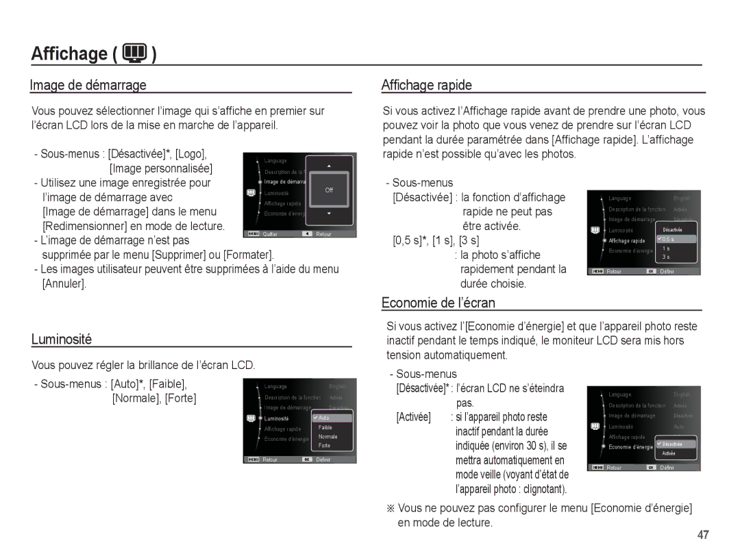 Samsung EC-ST45ZZBPUE1, EC-ST45ZZBPRE1, EC-ST45ZZBPBE1 Image de démarrage, Afﬁchage rapide, Luminosité Economie de l’écran 