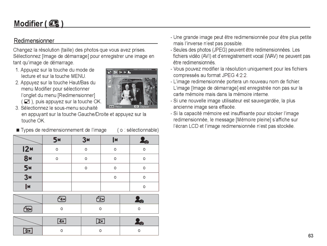 Samsung EC-ST45ZZBPUE1, EC-ST45ZZBPRE1 Redimensionner, Lecture et sur la touche Menu, Menu Modifier pour sélectionner 