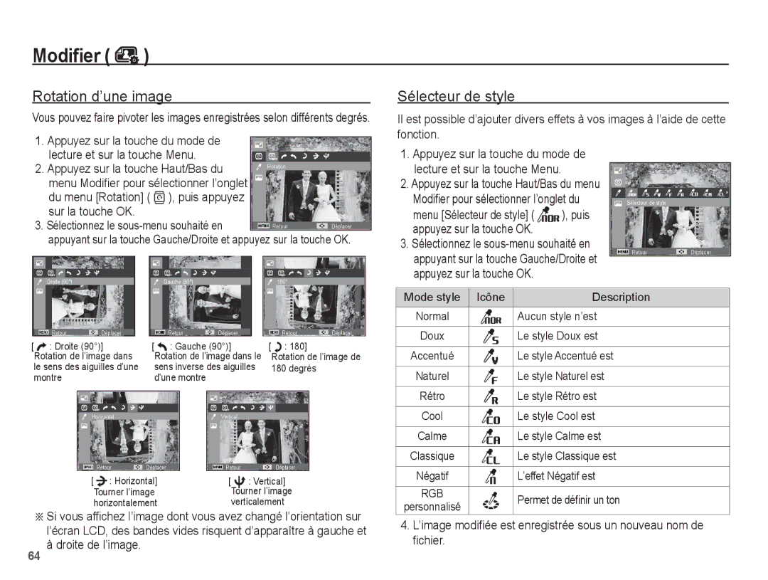 Samsung EC-ST45ZZBPRE1, EC-ST45ZZBPUE1, EC-ST45ZZBPBE1 manual Rotation d’une image, Sur la touche OK, 64 à droite de l’image 