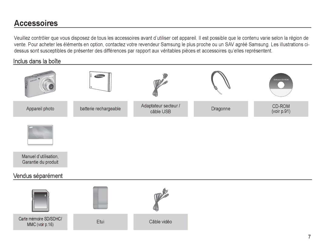 Samsung EC-ST45ZZBPUE1, EC-ST45ZZBPRE1, EC-ST45ZZBPBE1, EC-ST45ZZBPAE1 Accessoires, Inclus dans la boîte, Vendus séparément 