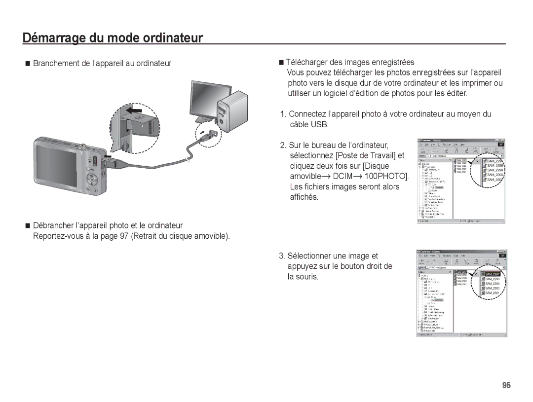 Samsung EC-ST45ZZBPUE1, EC-ST45ZZBPRE1 manual Branchement de l’appareil au ordinateur, Télécharger des images enregistrées 