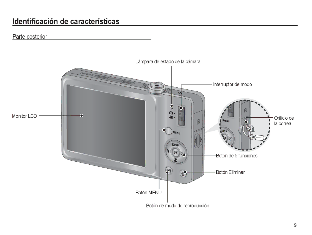 Samsung EC-ST45ZZBPUE1 Parte posterior, Botón de 5 funciones, Botón Eliminar, Botón Menu, Botón de modo de reproducción 