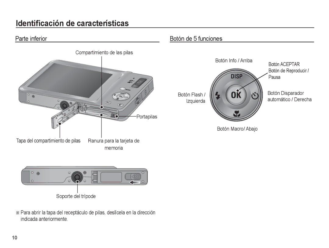 Samsung EC-ST45ZZBPRE1, EC-ST45ZZBPUE1 Parte inferior Botón de 5 funciones, Pausa, Botón Flash Botón Disparador Izquierda 