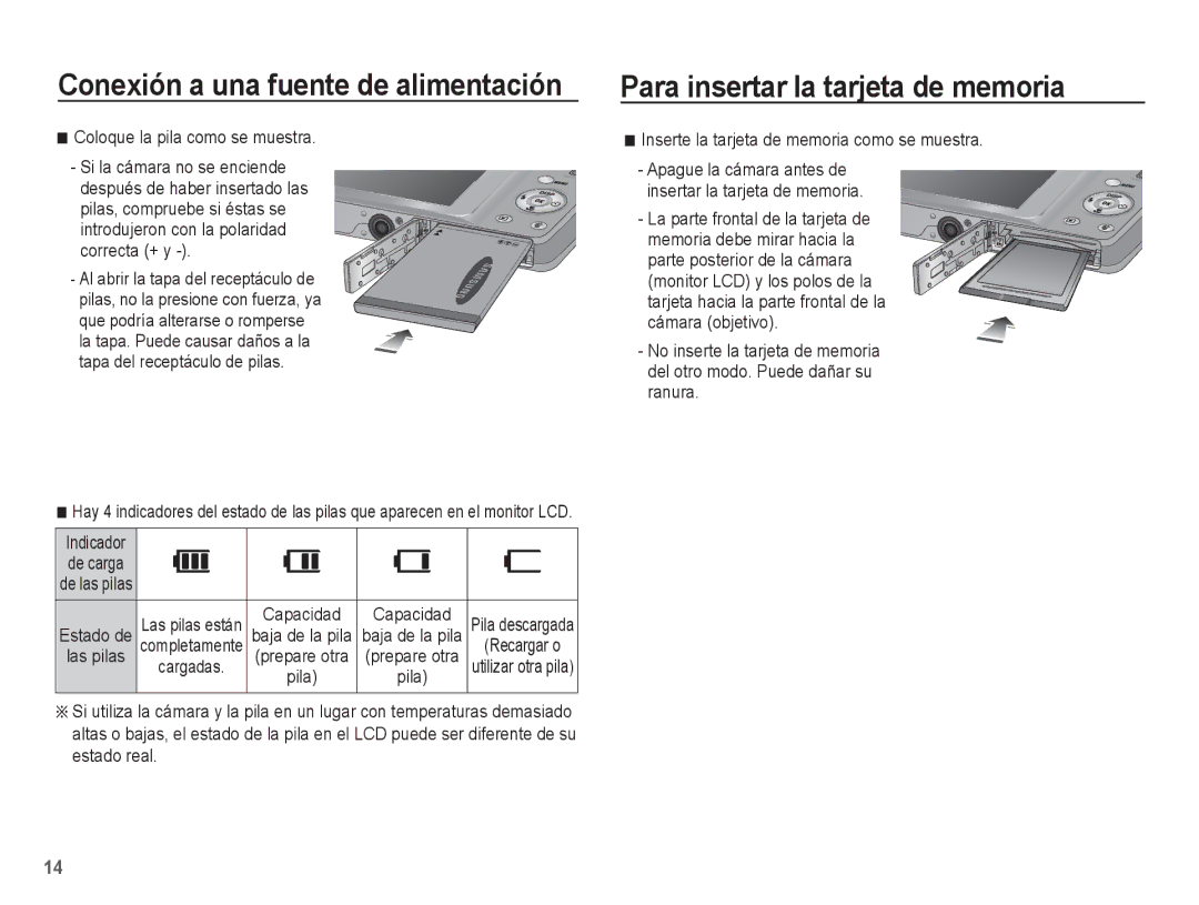 Samsung EC-ST45ZZBPUE1, EC-ST45ZZBPRE1 manual Para insertar la tarjeta de memoria, Conexión a una fuente de alimentación 