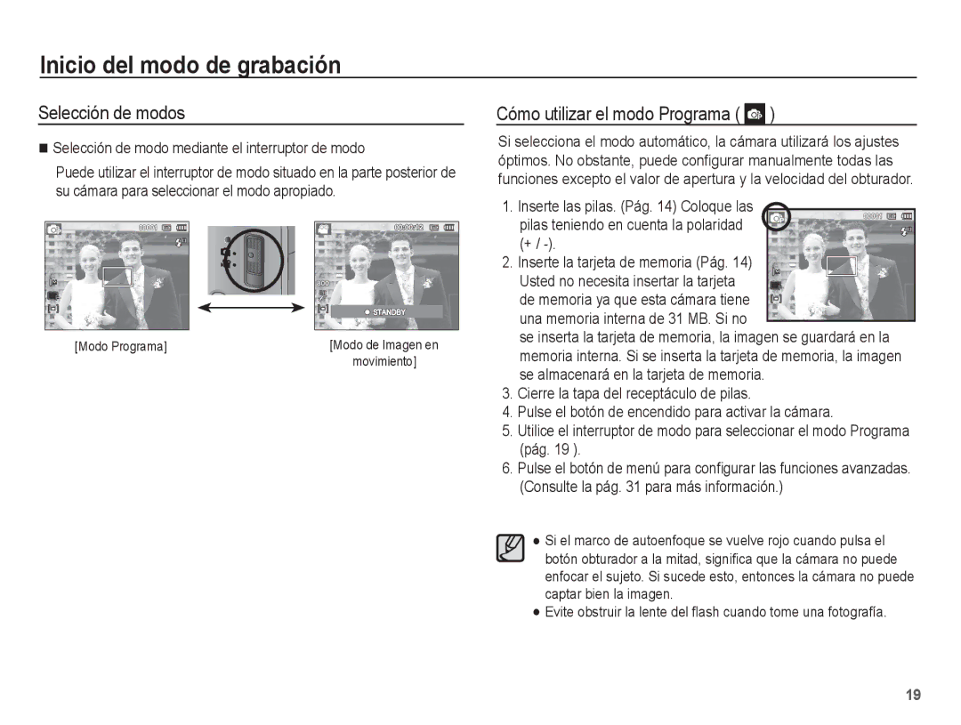 Samsung EC-ST45ZZBPUE1, EC-ST45ZZBPRE1 Inicio del modo de grabación, Selección de modos, Cómo utilizar el modo Programa 