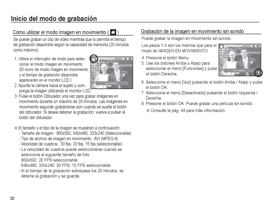 Samsung EC-ST45ZZBPRE1 manual Grabación de la imagen en movimiento sin sonido, El icono de modo Imagen en movimiento 