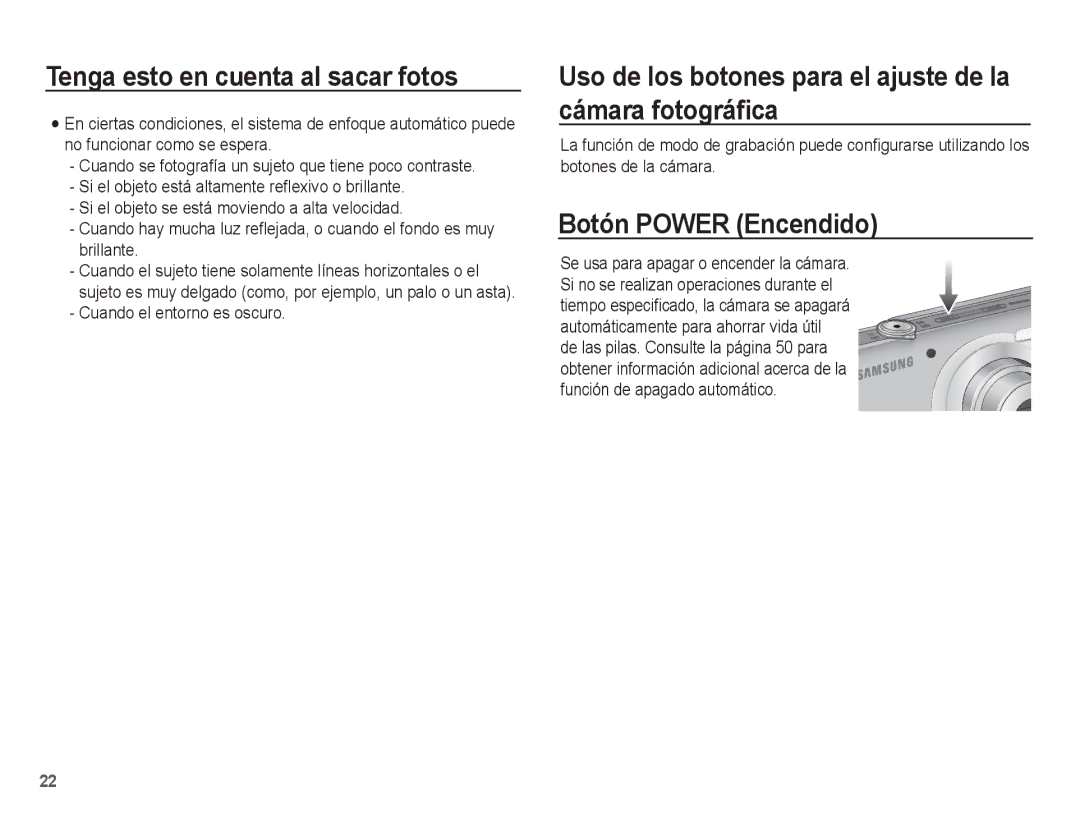 Samsung EC-ST45ZZBPAE1, EC-ST45ZZBPUE1 Uso de los botones para el ajuste de la cámara fotográﬁca, Botón Power Encendido 