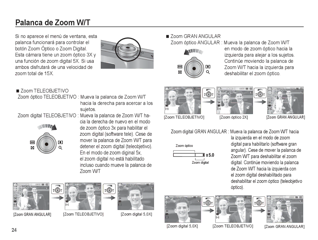 Samsung EC-ST45ZZBPUE1, EC-ST45ZZBPRE1 Palanca de Zoom W/T, Zoom Gran Angular, Continúe moviendo la palanca de, Óptico 