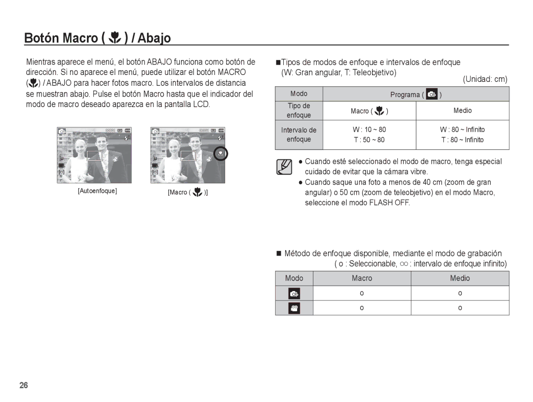 Samsung EC-ST45ZZBPBE1, EC-ST45ZZBPUE1, EC-ST45ZZBPRE1, EC-ST45ZZBPAE1, EC-ST45ZZAAA manual Botón Macro / Abajo, Modo 