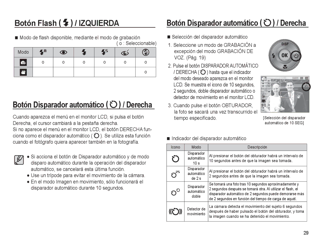 Samsung EC-ST45ZZBPUE1 manual Selección del disparador automático, Tiempo especiﬁcado, Indicador del disparador automático 