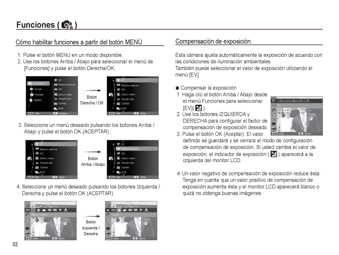 Samsung EC-ST45ZZBPAE1, EC-ST45ZZBPUE1 manual Cómo habilitar funciones a partir del botón Menú, Compensación de exposición 