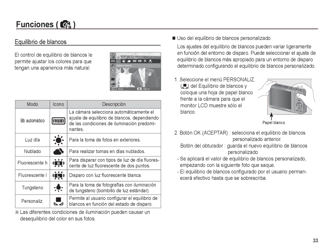 Samsung EC-ST45ZZAAA, EC-ST45ZZBPUE1, EC-ST45ZZBPRE1 manual Uso del equilibrio de blancos personalizado, Personalizado 