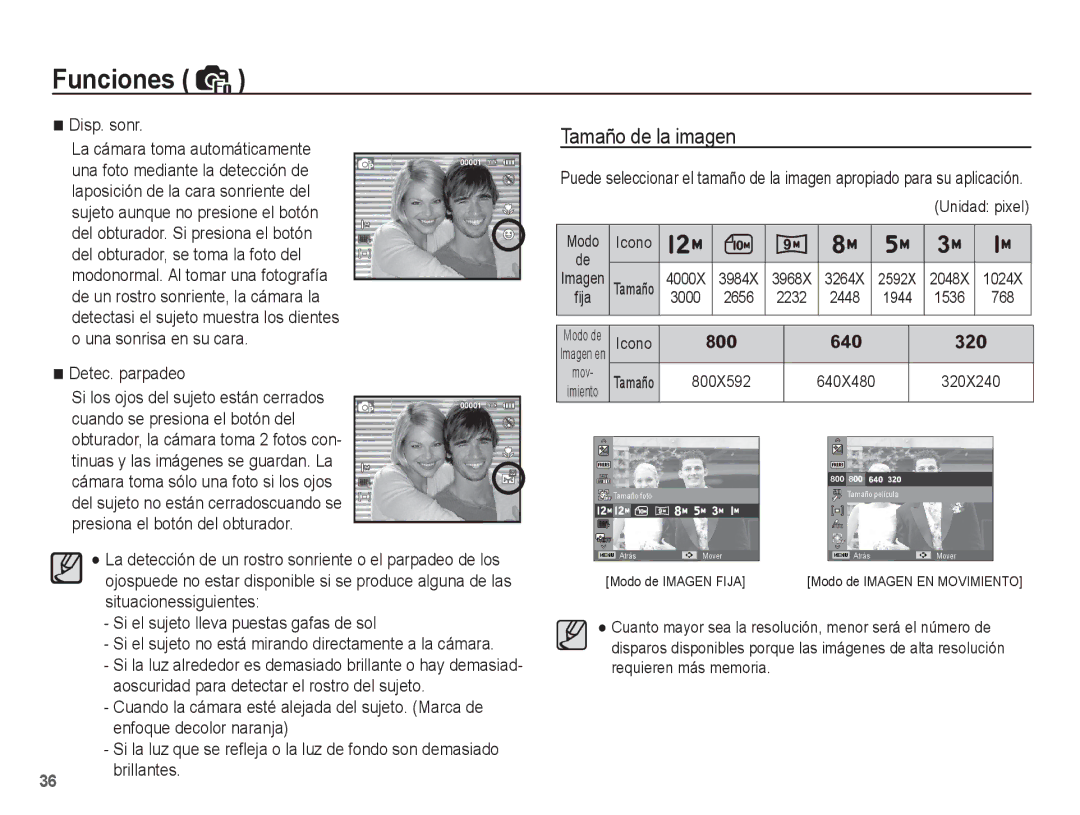 Samsung EC-ST45ZZBPBE1, EC-ST45ZZBPUE1 Tamaño de la imagen, Disp. sonr, Detec. parpadeo, 3000 2656 2232 2448 1944 1536 768 