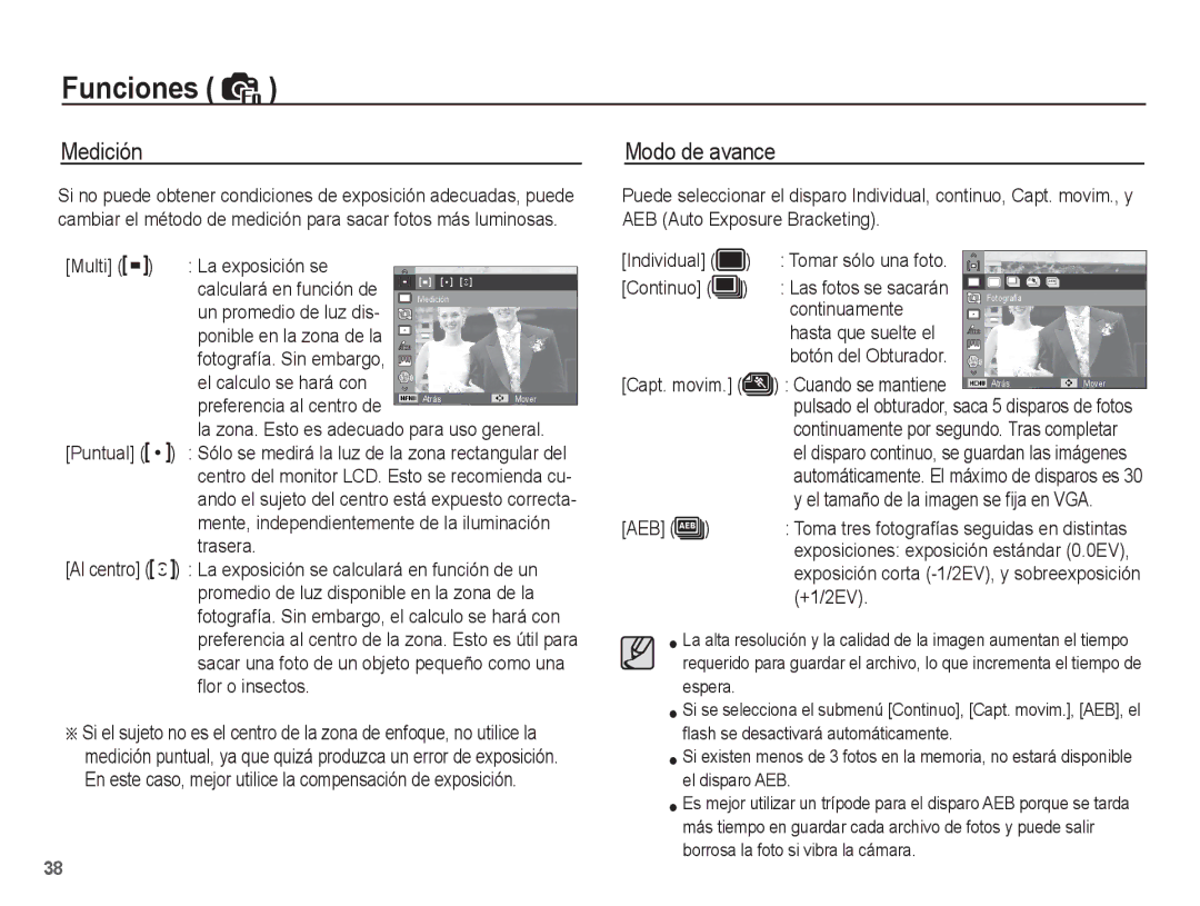 Samsung EC-ST45ZZAAA, EC-ST45ZZBPUE1, EC-ST45ZZBPRE1, EC-ST45ZZBPBE1, EC-ST45ZZBPAE1 manual Medición, Modo de avance 