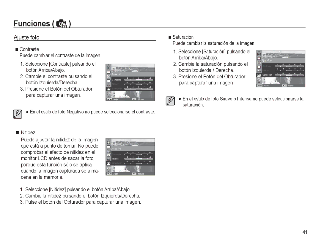 Samsung EC-ST45ZZBPBE1 manual Ajuste foto, Botón Arriba/Abajo, Botón Izquierda/Derecha, Para capturar una imagen, Nitidez 