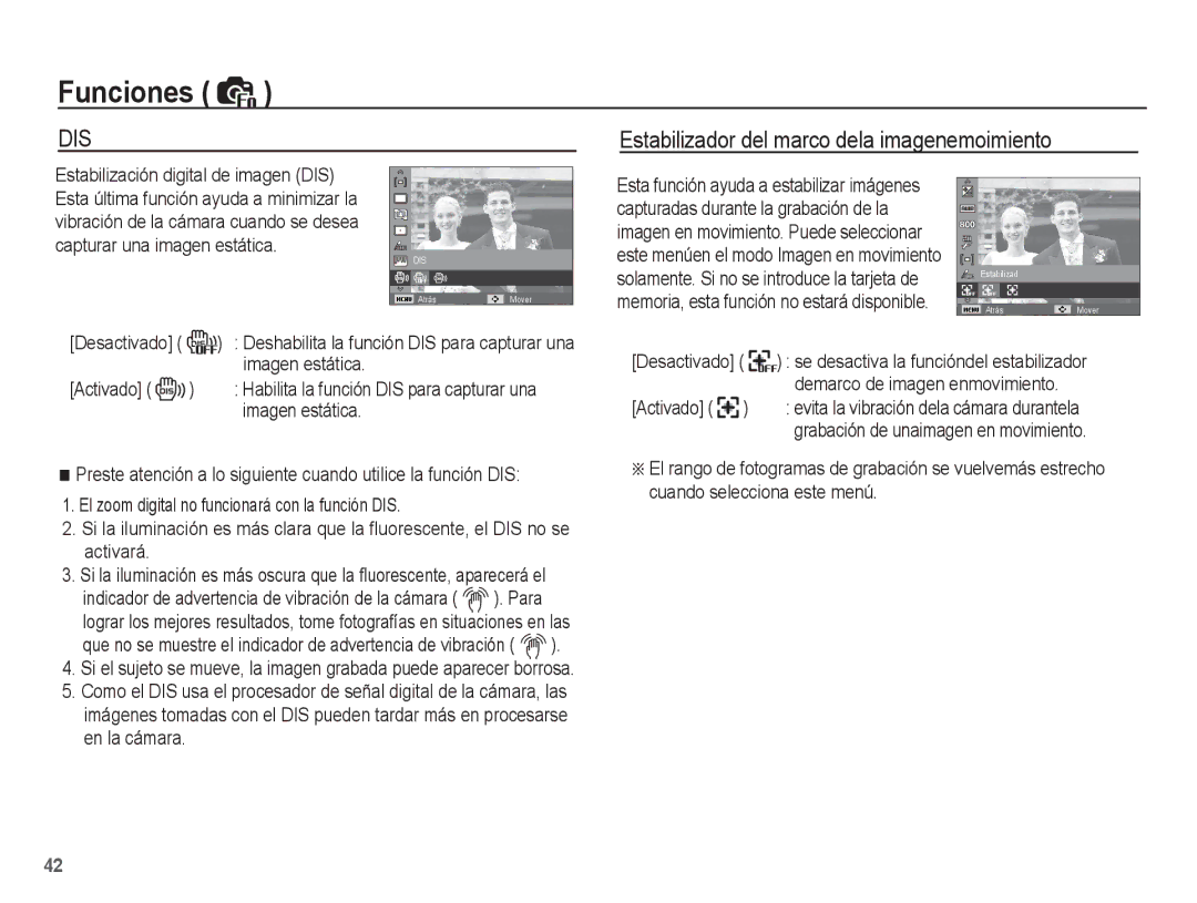 Samsung EC-ST45ZZBPAE1, EC-ST45ZZBPUE1 manual Estabilizador del marco dela imagenemoimiento, Imagen estática, Activado 