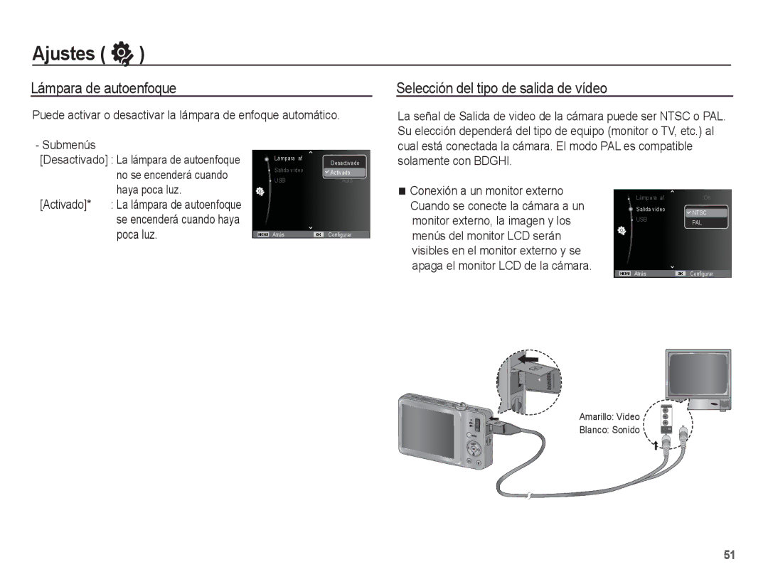 Samsung EC-ST45ZZBPBE1, EC-ST45ZZBPUE1, EC-ST45ZZBPRE1 manual Lámpara de autoenfoque, Selección del tipo de salida de vídeo 