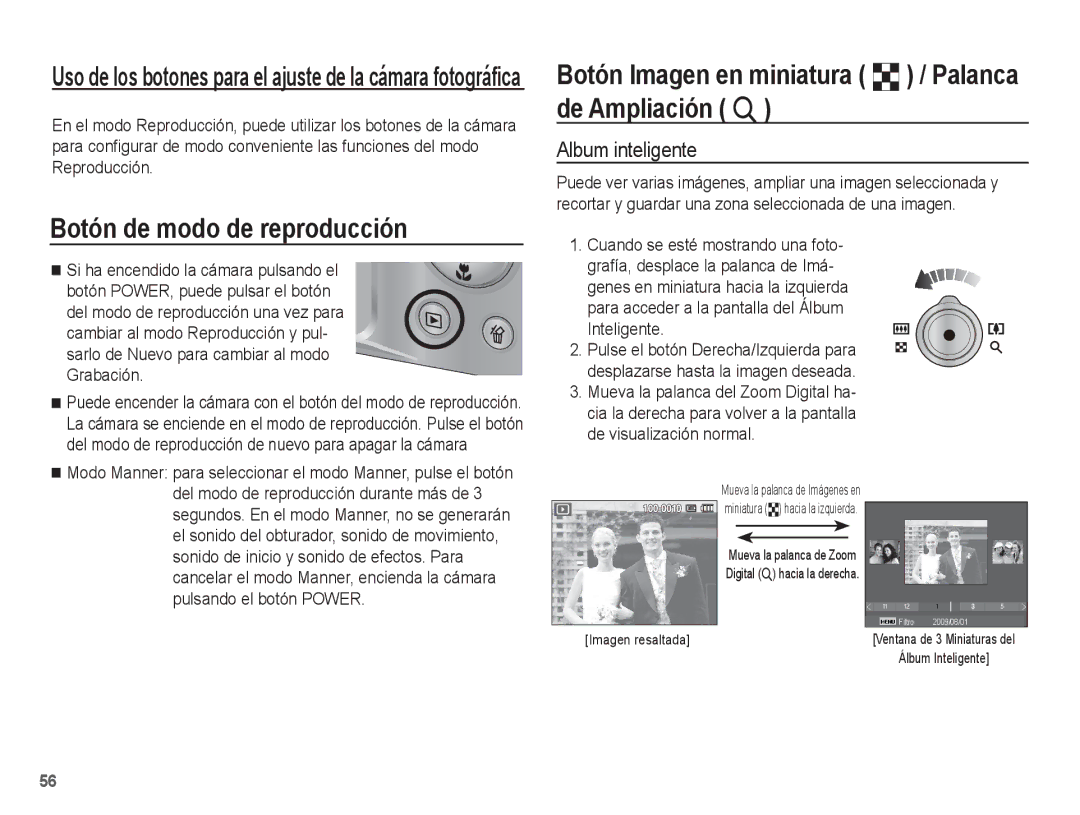 Samsung EC-ST45ZZBPBE1, EC-ST45ZZAAA Botón de modo de reproducción, Botón Imagen en miniatura º / Palanca de Ampliación í 