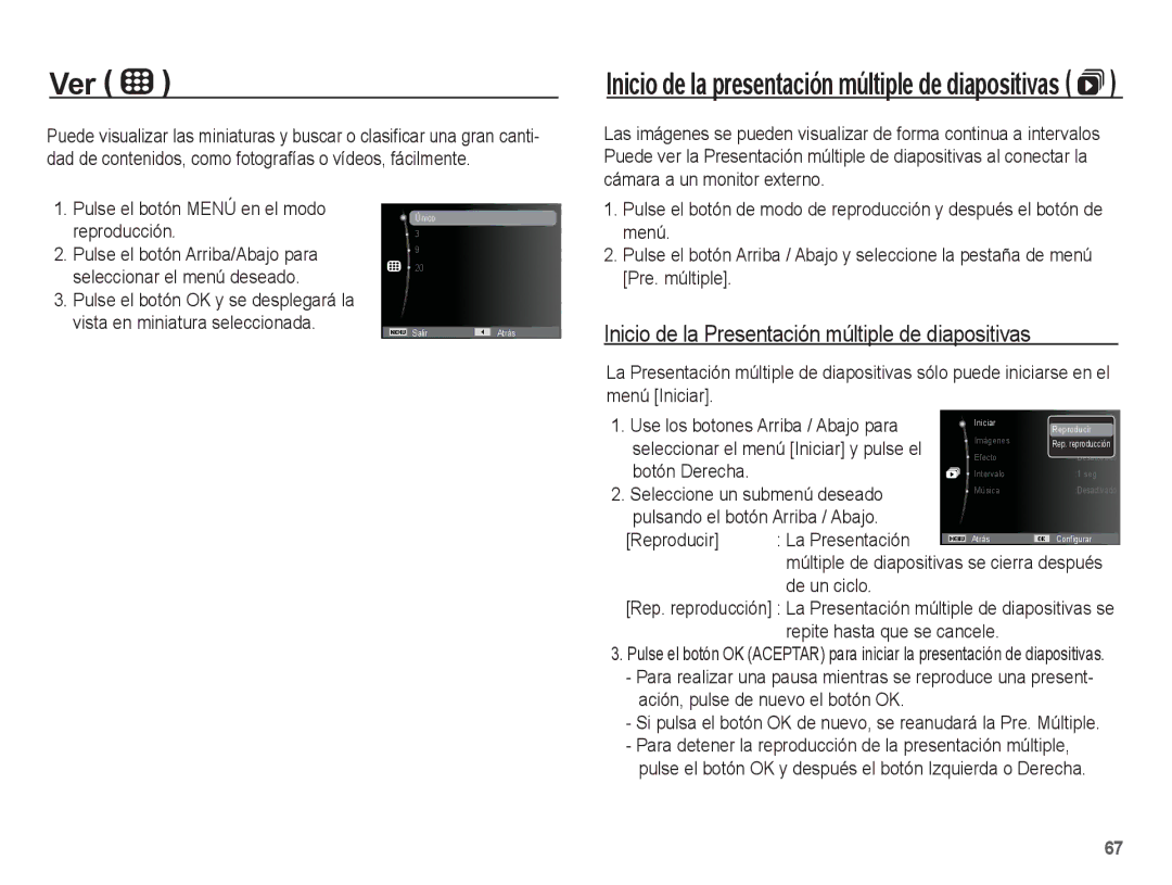 Samsung EC-ST45ZZBPAE1 manual Ver, Inicio de la Presentación múltiple de diapositivas, Seleccione un submenú deseado 