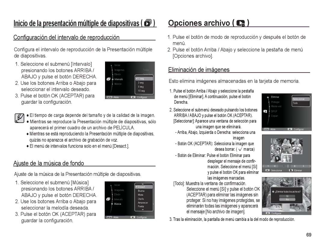 Samsung EC-ST45ZZBPUE1 manual Opciones archivo, Configuración del intervalo de reproducción, Eliminación de imágenes 