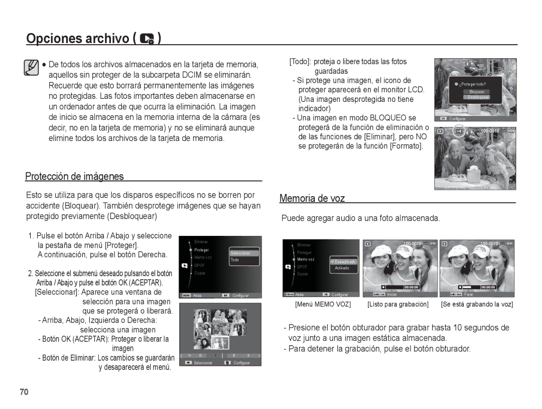 Samsung EC-ST45ZZBPRE1, EC-ST45ZZBPUE1 Protección de imágenes, Memoria de voz, Puede agregar audio a una foto almacenada 