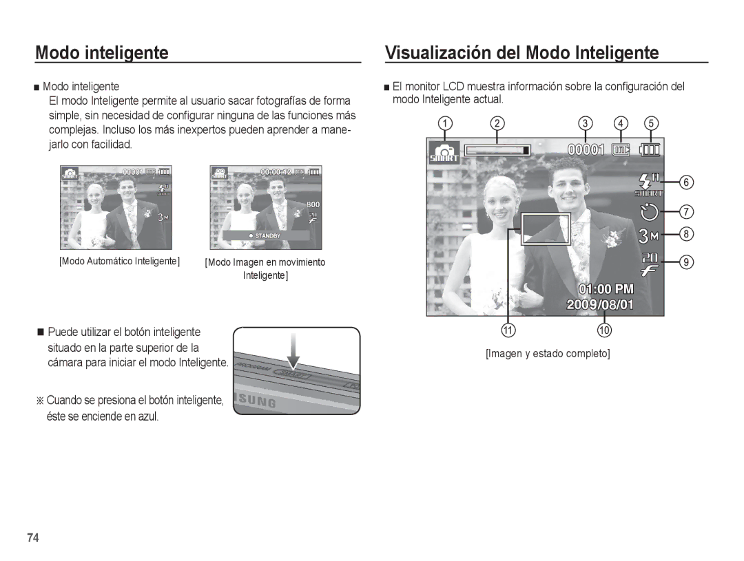 Samsung EC-ST45ZZBPUE1 manual Modo inteligente, Visualización del Modo Inteligente, Cámara para iniciar el modo Inteligente 