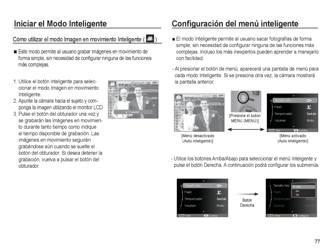 Samsung EC-ST45ZZBPAE1 manual Conﬁguración del menú inteligente, Cómo utilizar el modo Imagen en movimiento Inteligente 