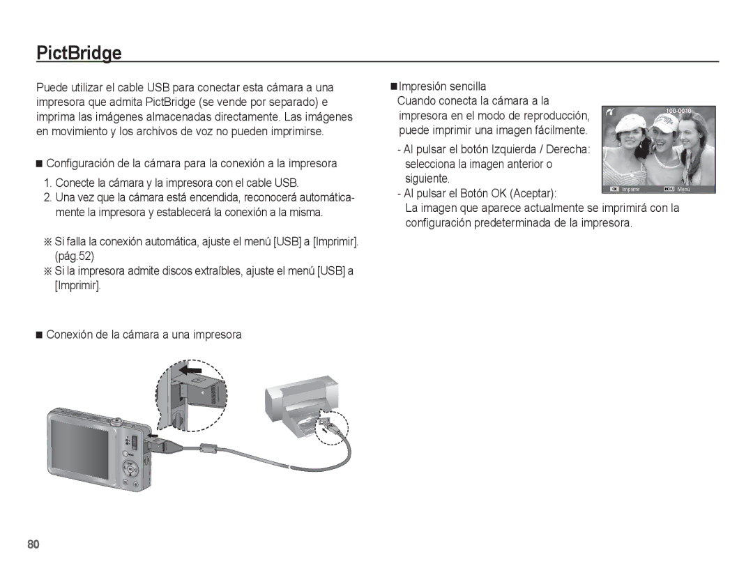 Samsung EC-ST45ZZBPRE1, EC-ST45ZZBPUE1, EC-ST45ZZBPBE1 manual PictBridge, Configuración predeterminada de la impresora 