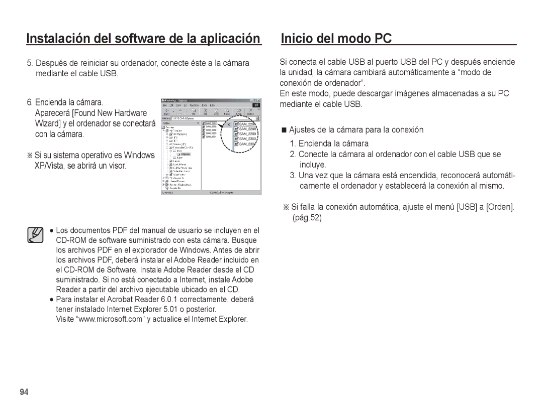 Samsung EC-ST45ZZBPUE1, EC-ST45ZZBPRE1, EC-ST45ZZBPBE1 manual Inicio del modo PC, Instalación del software de la aplicación 