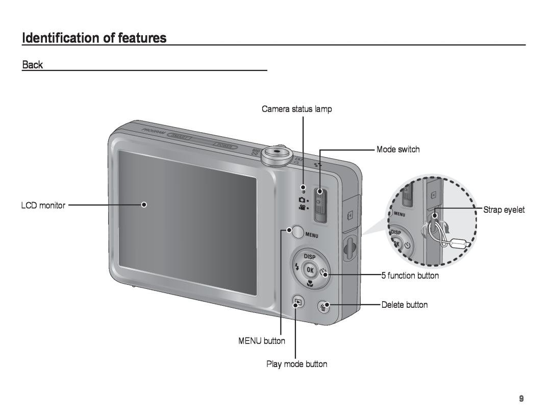 Samsung EC-ST45ZZBPRSA, EC-ST45ZZBPUE1 manual Back, Identiﬁcation of features, Camera status lamp Mode switch, LCD monitor 