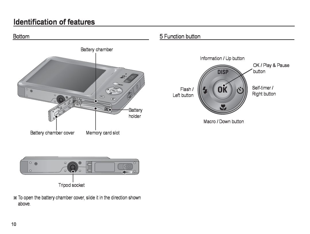 Samsung EC-ST45ZZBPUSA manual Bottom, Function button, Identiﬁcation of features, OK / Play & Pause, Memory card slot 