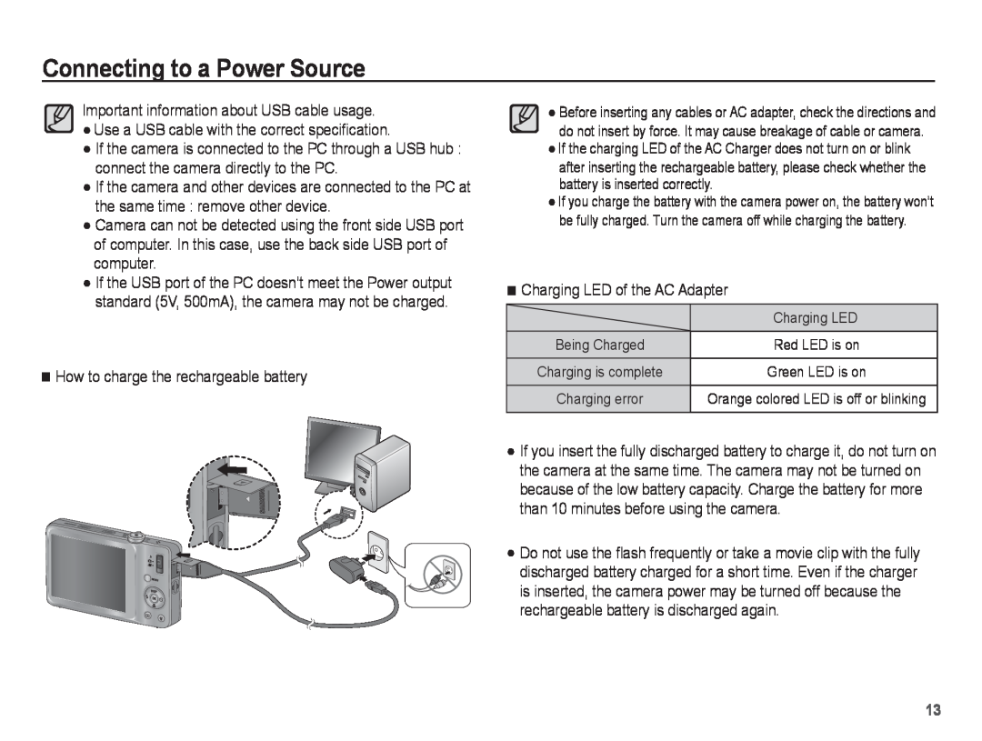 Samsung EC-ST45ZZDPRME, EC-ST45ZZBPUE1, EC-ST45ZZBPRE1 Connecting to a Power Source, How to charge the rechargeable battery 