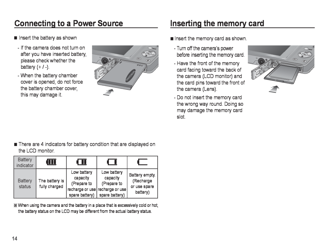 Samsung EC-ST45ZZBPASA, EC-ST45ZZAAA Inserting the memory card, Connecting to a Power Source, Insert the battery as shown 