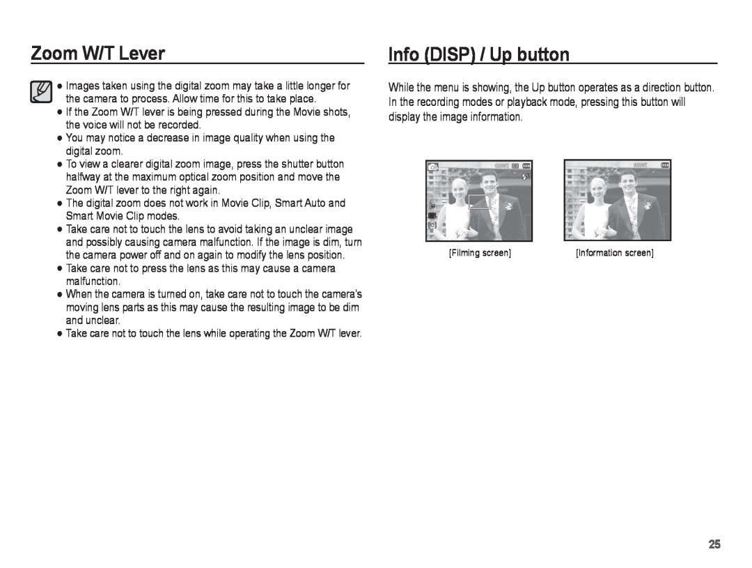 Samsung EC-ST45ZZBPRE2, EC-ST45ZZBPUE1 manual Info DISP / Up button, Zoom W/T Lever, Filming screen, Information screen 
