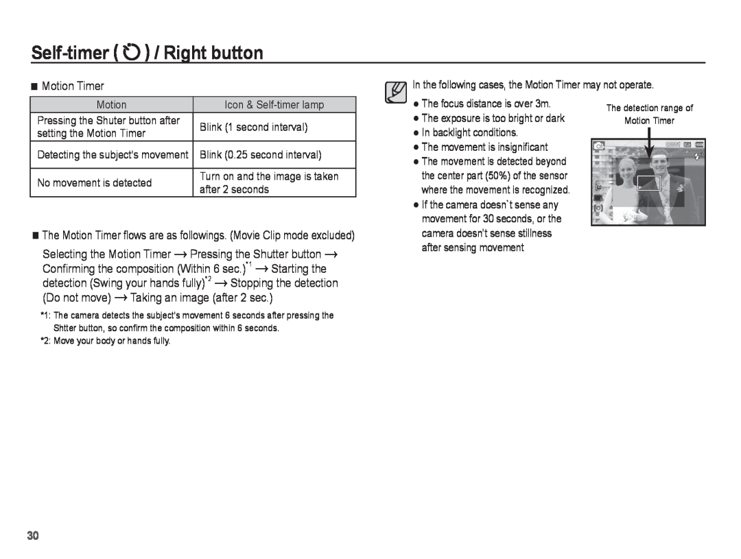 Samsung EC-ST45ZZBPRRU Self-timer / Right button, Motion Timer, Starting the, Do not move, Taking an image after 2 sec 