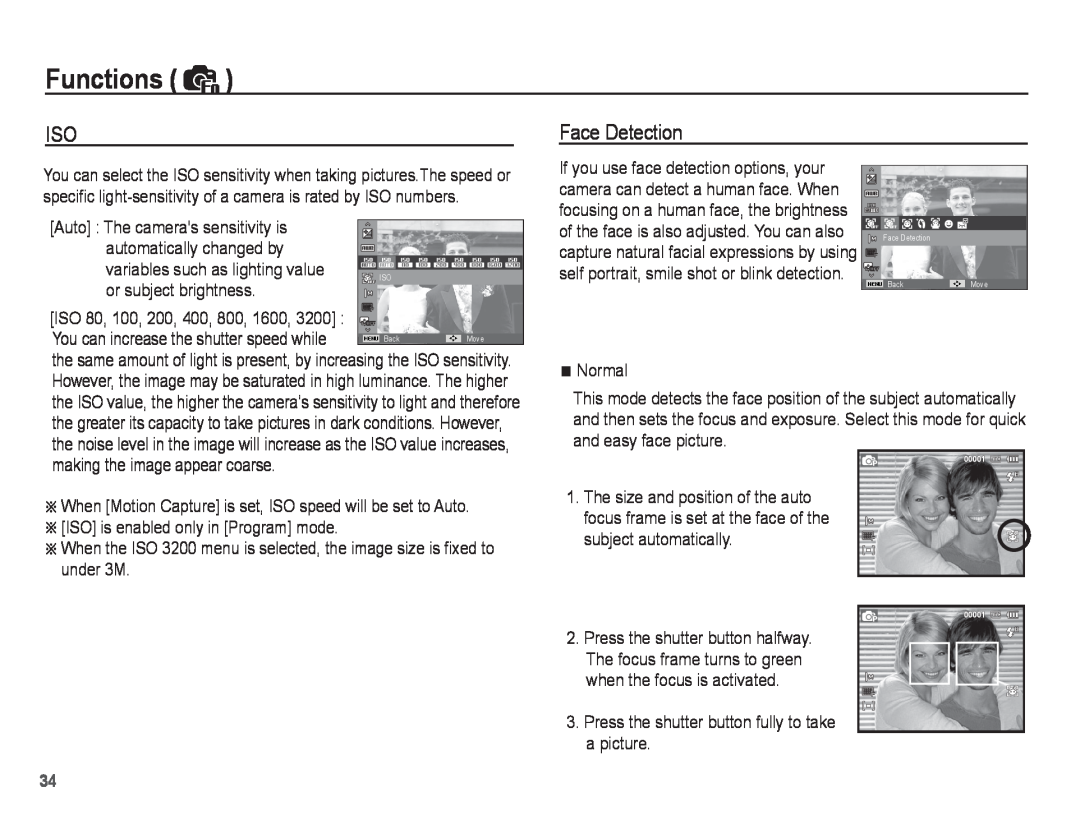 Samsung EC-ST45ZZBPUE1, EC-ST45ZZBPRE1, EC-ST45ZZBPBE1, EC-ST45ZZBPAE1, EC-ST45ZZBPRIT, EC-ST45ZZAAA Face Detection, Functions 